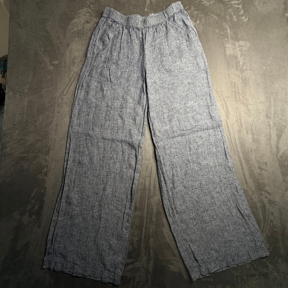 Max Studio Pants Womens Medium Blue 100% Linen Wide Leg Elastic Waist 7T05C08